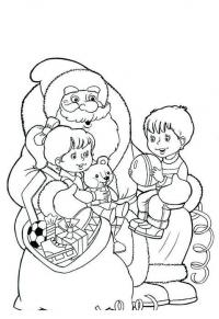 Дед мороз с детьми, дарит подарки Зимние рисунки раскраски