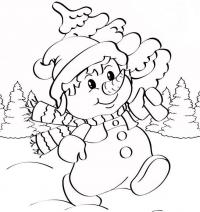 Снеговик несет елочку Рисунок раскраска на зимнюю тему