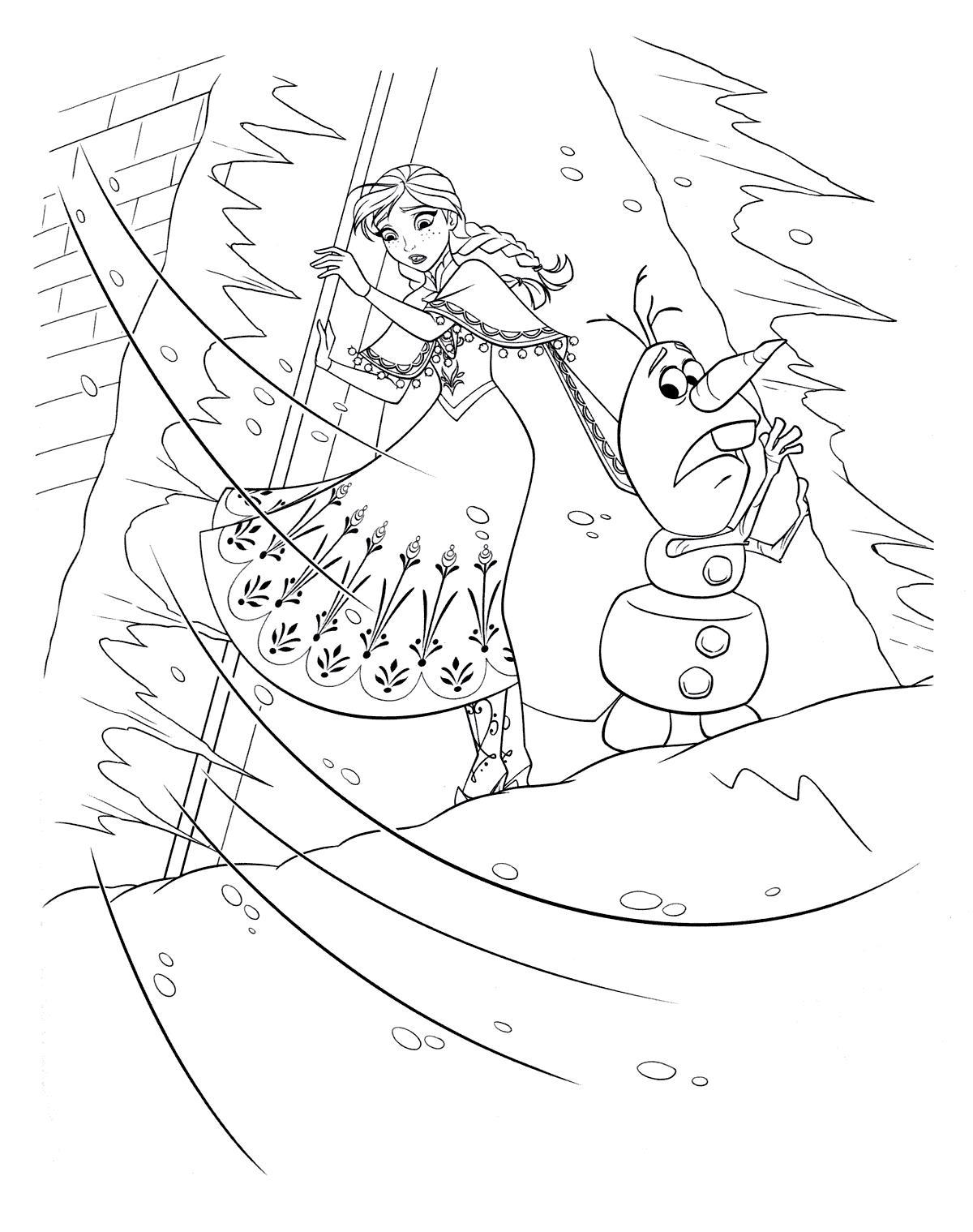 На краю обрыва снеговик с принцессой Раскраски про зиму для детей