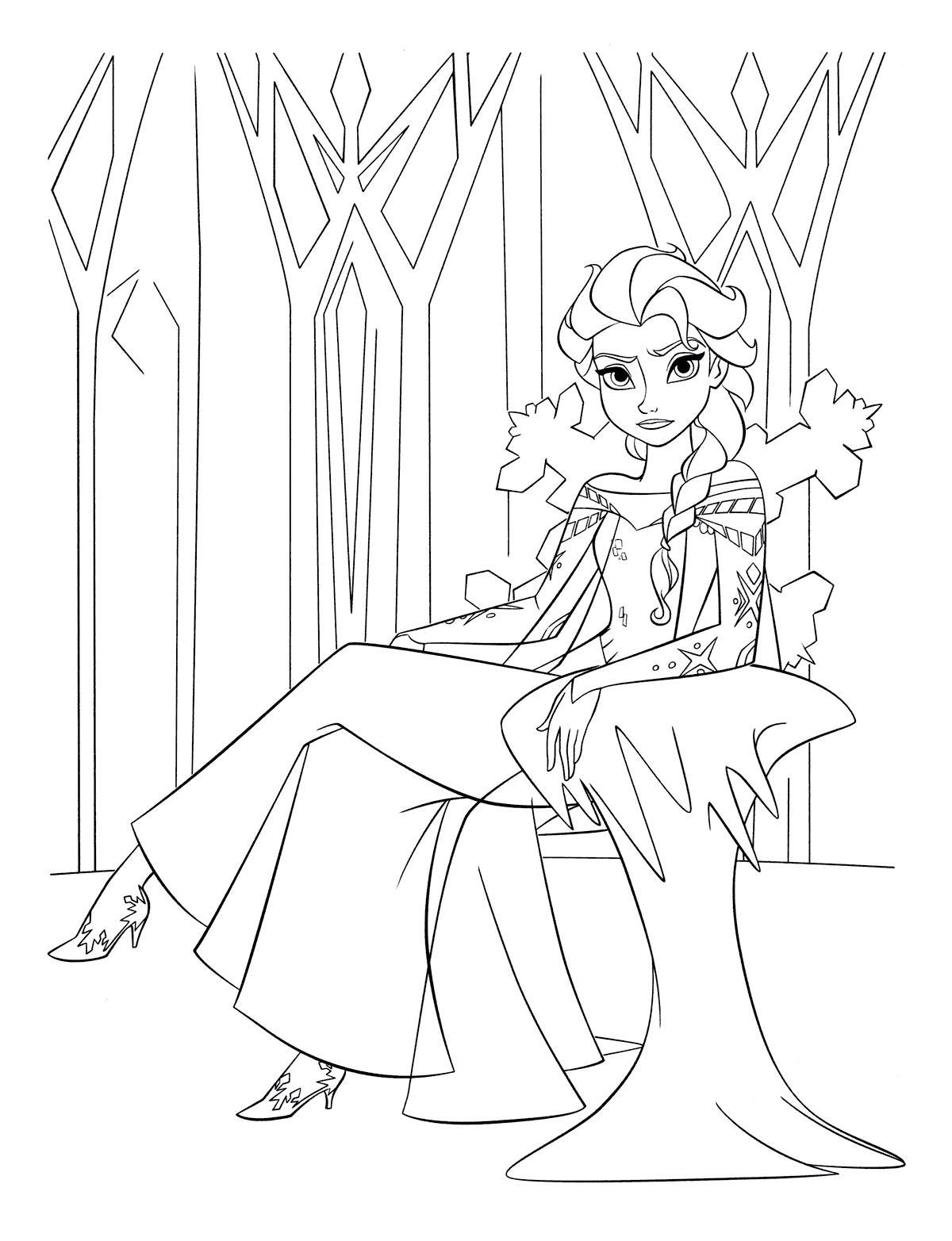 Принцесса на троне ледяного замка Зимние раскраски для девочек