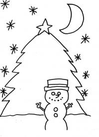 Снеговик ночью возле елки Рисунок раскраска на зимнюю тему