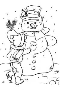 Мальчик лепит снеговика Детские раскраски зима распечатать