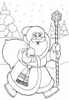 Дед мороз с мешком подарков идет по лесу Раскраска зима пришла