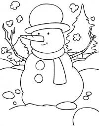 Снеговик в лесу Рисунок раскраска на зимнюю тему