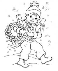 Новогодний рождественский венок и мальчик Зимние рисунки раскраски