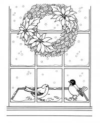 Новогодний рождественский венок на окне Зимние рисунки раскраски