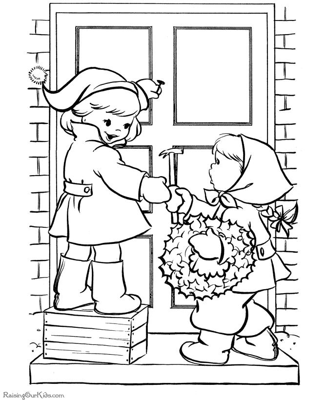 Дети вешают на дверь новогодний рождественский венок Раскраски зима распечатать бесплатно