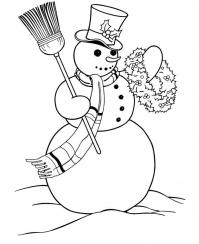 Снеговик с новогодним венком Зимние рисунки раскраски