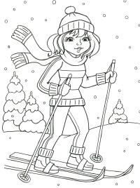 Девочка на лыжах Раскраска сказочная зима