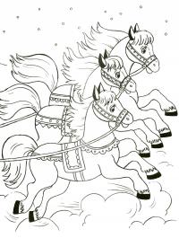 Тройка лошадей Раскраска сказочная зима