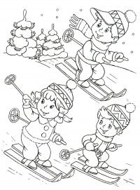 Дети катаются на лыжах Раскраска сказочная зима