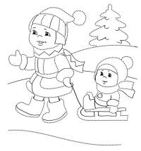 Дети катаются на санках Раскраска сказочная зима