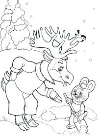 Зайчик чистит снег и разговаривает с оленем Детские раскраски зима распечатать