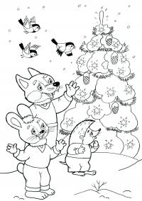 Лиса, заяц и ежик возле наряженной елки в лесу Детские раскраски зима распечатать