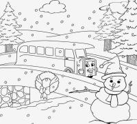Автобус едет по мосту , возле моста стоит снеговик и идет снег Раскраски зима распечатать бесплатно