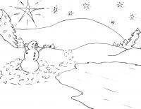 Снеговик у речки и следы на снегу Раскраски зима распечатать бесплатно