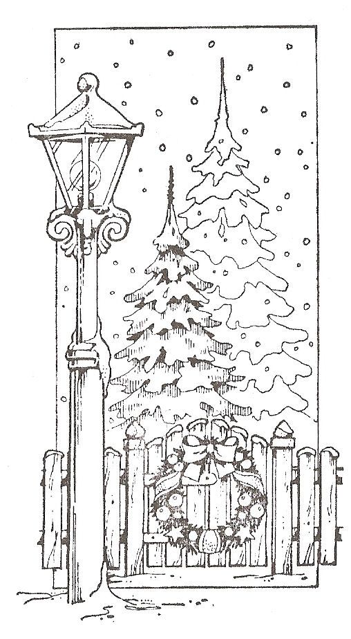 Две еллки за забором, рождественский венок на заборе, горящий фонарь возле забора, подающий снег Зимние раскраски для мальчиков
