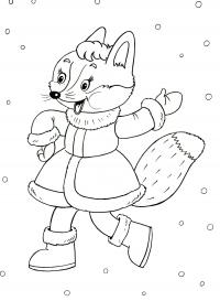 Лиса танцует под падающим снегом Детские раскраски зима распечатать