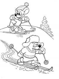 Мышки на лыжах из мультика про кота леопольда Зимние раскраски для девочек