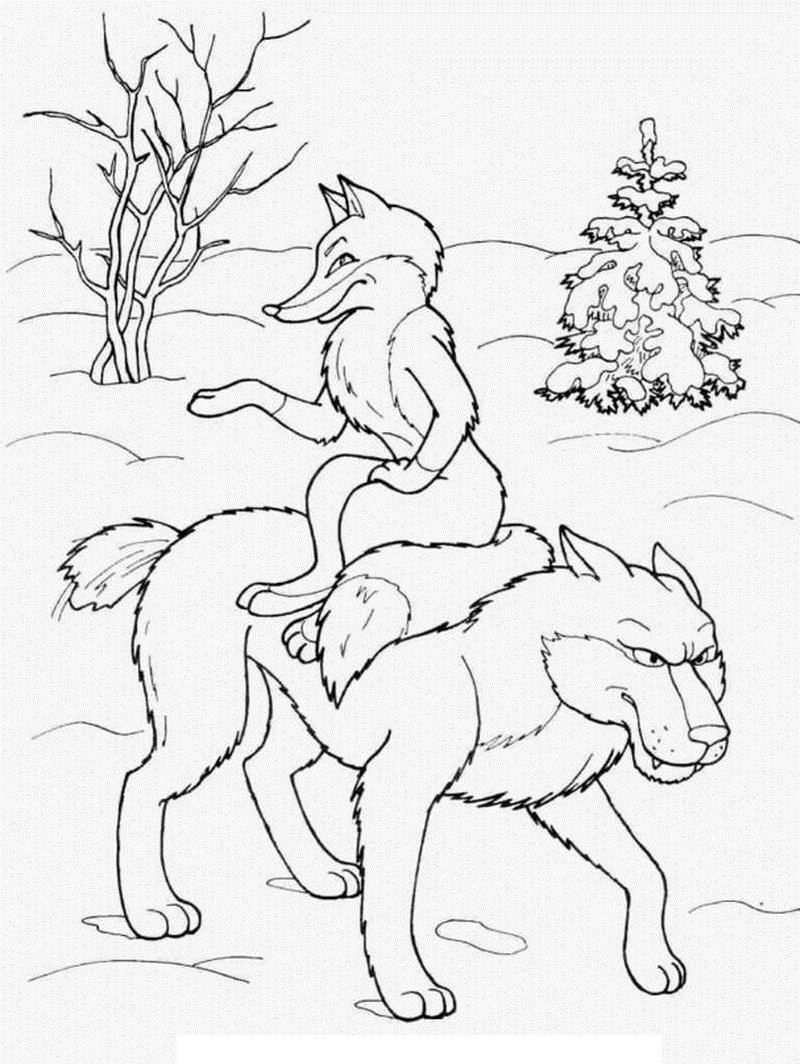 Лиса едет на волке Рисунок раскраска на зимнюю тему