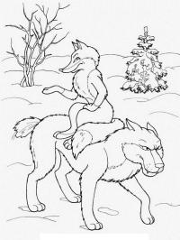 Лиса едет на волке Раскраска зима