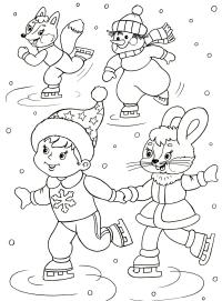 Мальчик с зайчишкой, снеговичек и лис Раскраски про зиму для детей