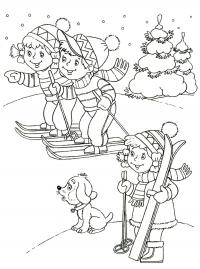 Дети с лыжами Детские раскраски зима распечатать