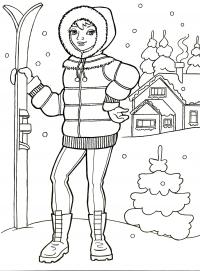 Девушка с лыжами возле дома Рисунок раскраска на зимнюю тему