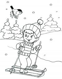 Мальчик на лыжах Детские раскраски зима распечатать