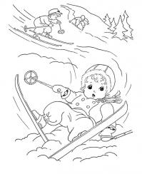 Падение на лыжах Детские раскраски зима распечатать