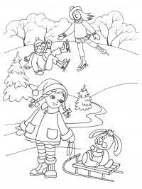 Рука помощи, девочка катает кролика на санках Детские раскраски зима распечатать