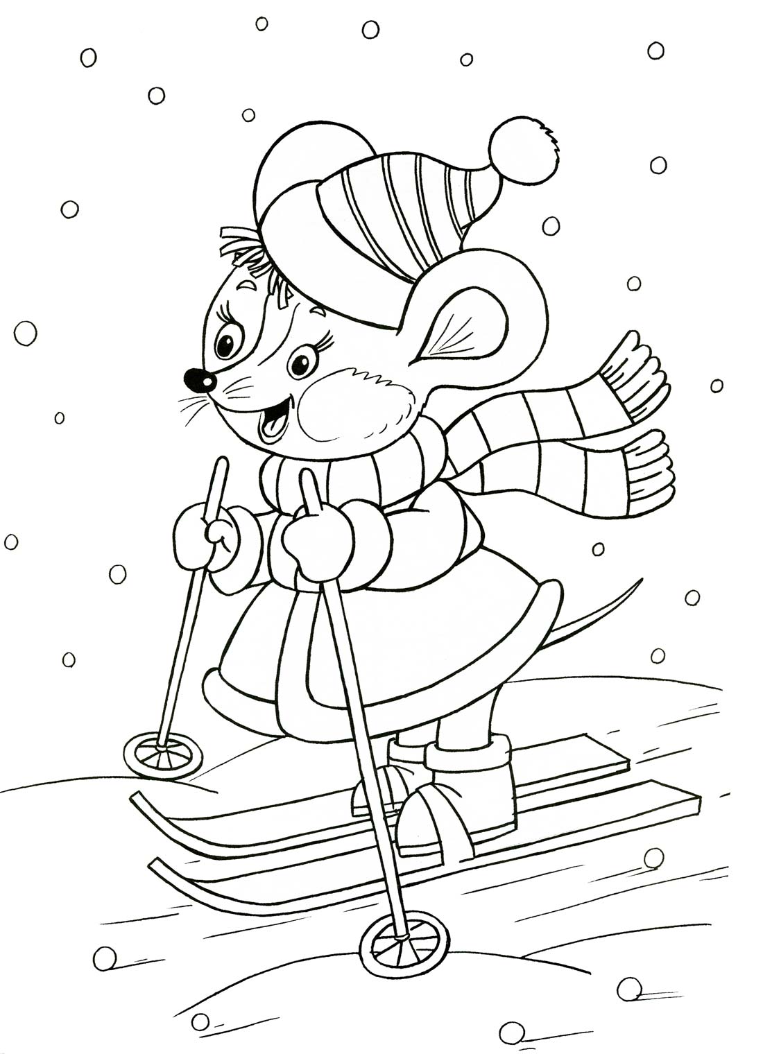 Мышка на лыжах Раскраски про зиму для детей