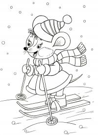Мышка на лыжах Рисунок раскраска на зимнюю тему
