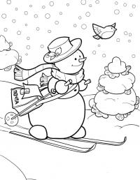 Снеговик с почтой на лыжах Рисунок раскраска на зимнюю тему