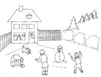Игра в снежки Зимние раскраски для девочек