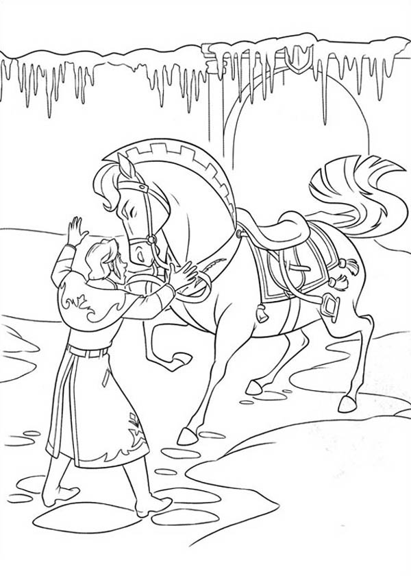 Принц успокаивает лошадь Раскраска зима
