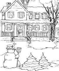 Снеговик возле дома Раскраска зима распечатать