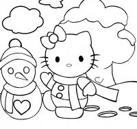 Hello kitty и снеговик Рисунок раскраска на зимнюю тему