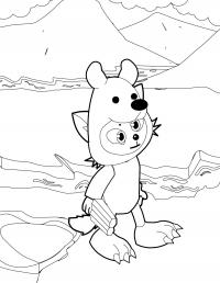 Котенок в костюме медведя в арктике Зимние раскраски для малышей
