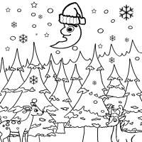 Месяц в шапочке над зимнем лесом Детские раскраски зима распечатать