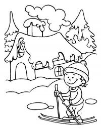 На лыжах возле дома Рисунок раскраска на зимнюю тему