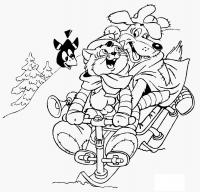 Простоквашино пес и кот катаются с горы Раскраска сказочная зима