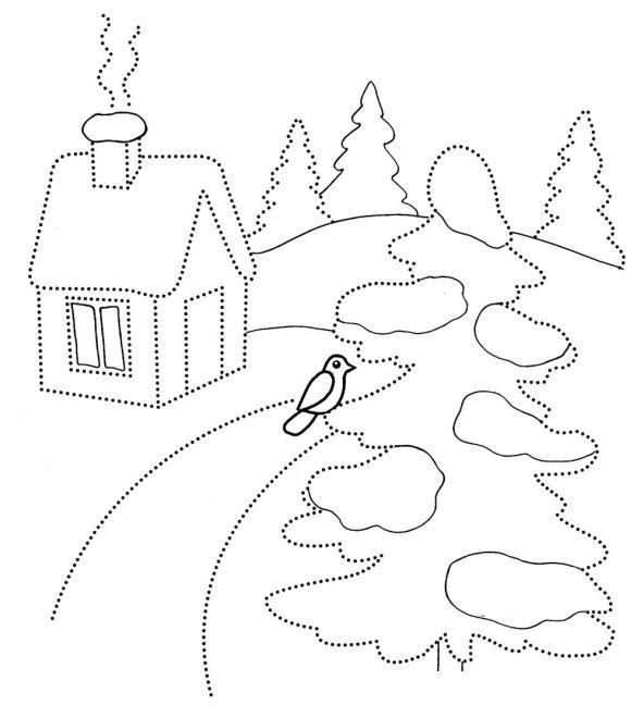 Домик и елка с птичкой Раскраска сказочная зима