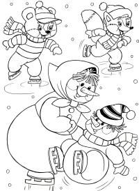 Снеговики и зверята на коньках Раскраски про зиму для детей