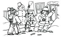 Зимние игры детей, снеговик возле дома Раскраски на тему зима