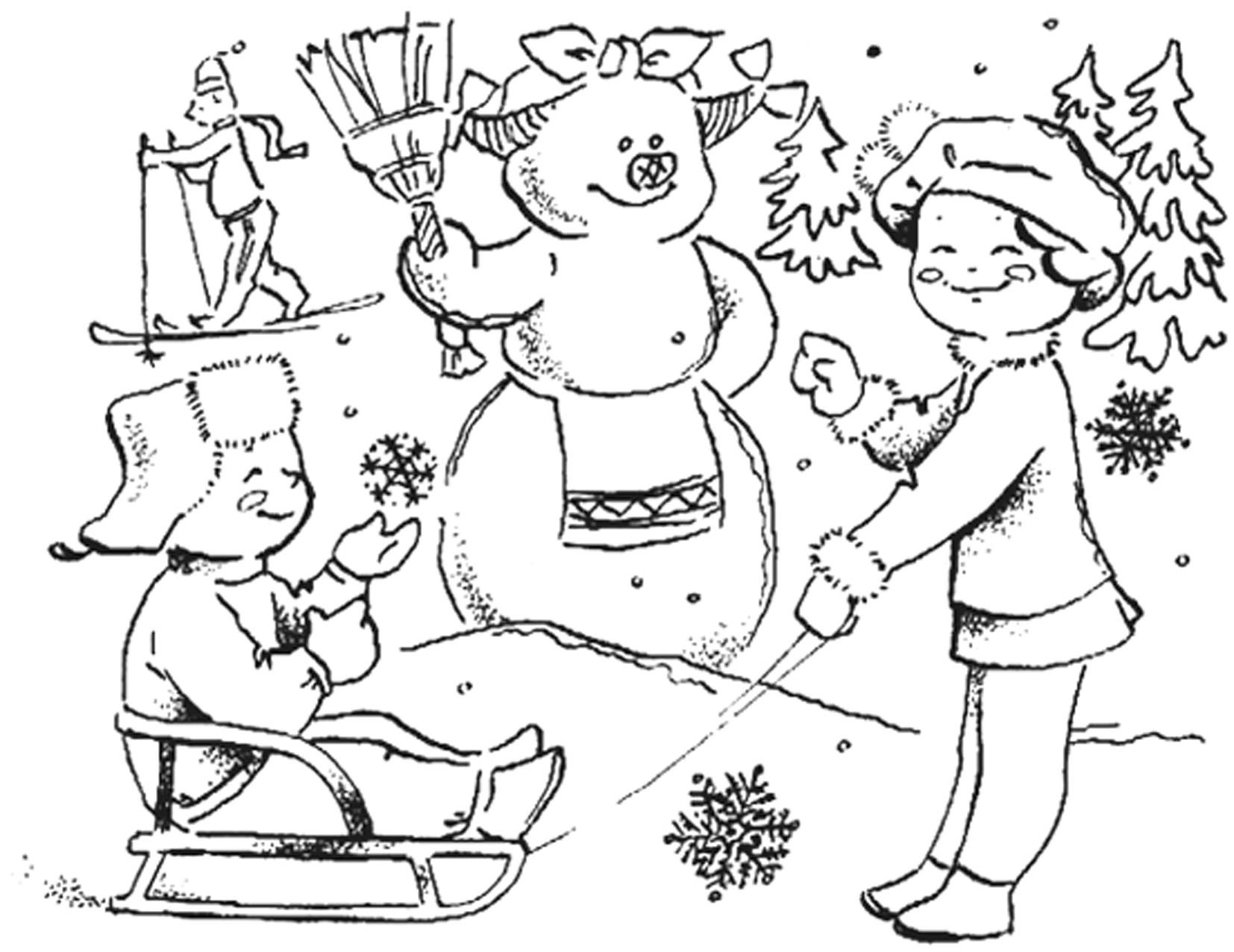 Новый год, снеговик с косичками, играющие дети Раскраски для детского сада