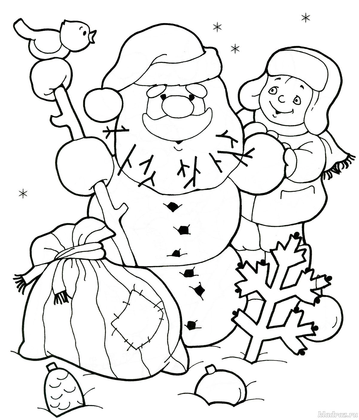 Дед снеговик, мальчик, птица Раскраски зима скачать бесплатно