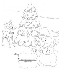 Зимние забавы, елка, снеговик, олененок Раскраски про зиму для детей