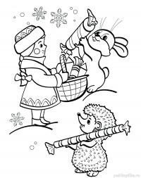 Снегурочка дарит зверятам подарки Раскраски зима скачать бесплатно