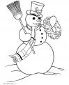 Снеговик с веночком и метлой Рисунок раскраска на зимнюю тему